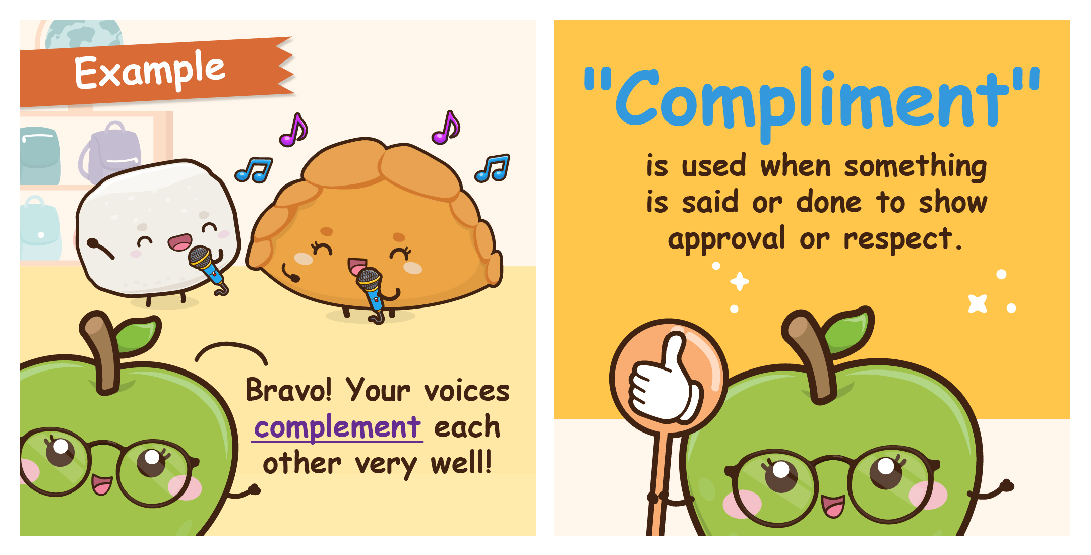 Two-panel comic where Bouncy and Pok Pok singing together as an example for "complement," alongside Ms G holding a thumbs-up sign to introduce the definition of "compliment."